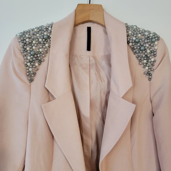 ASOS Design Blazer Baby Pink Open Assymetric Beaded Shoulders Us Sz 10 UK 14 - Picture 3 of 12